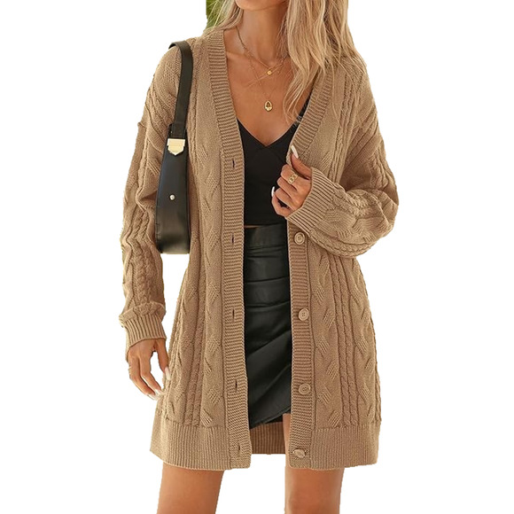 Unbranded Sweaters - Womens Camel Cable Knit Oversized Chunky Cozy Grandpacore Cardigan Sweater Large
